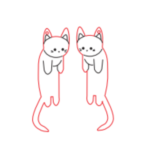Adobe Illustrator design of the hanging-cat earrings, with red cut lines around the outline and black engraved details