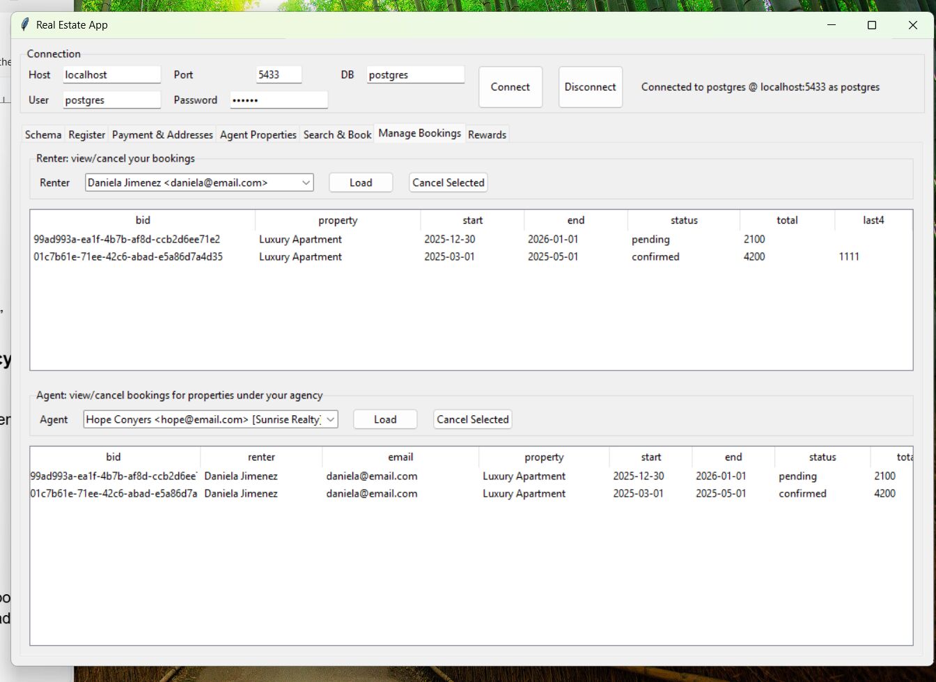 Manage Bookings tab: a renter's bookings at the top and an agent's view of bookings for their agency below.
