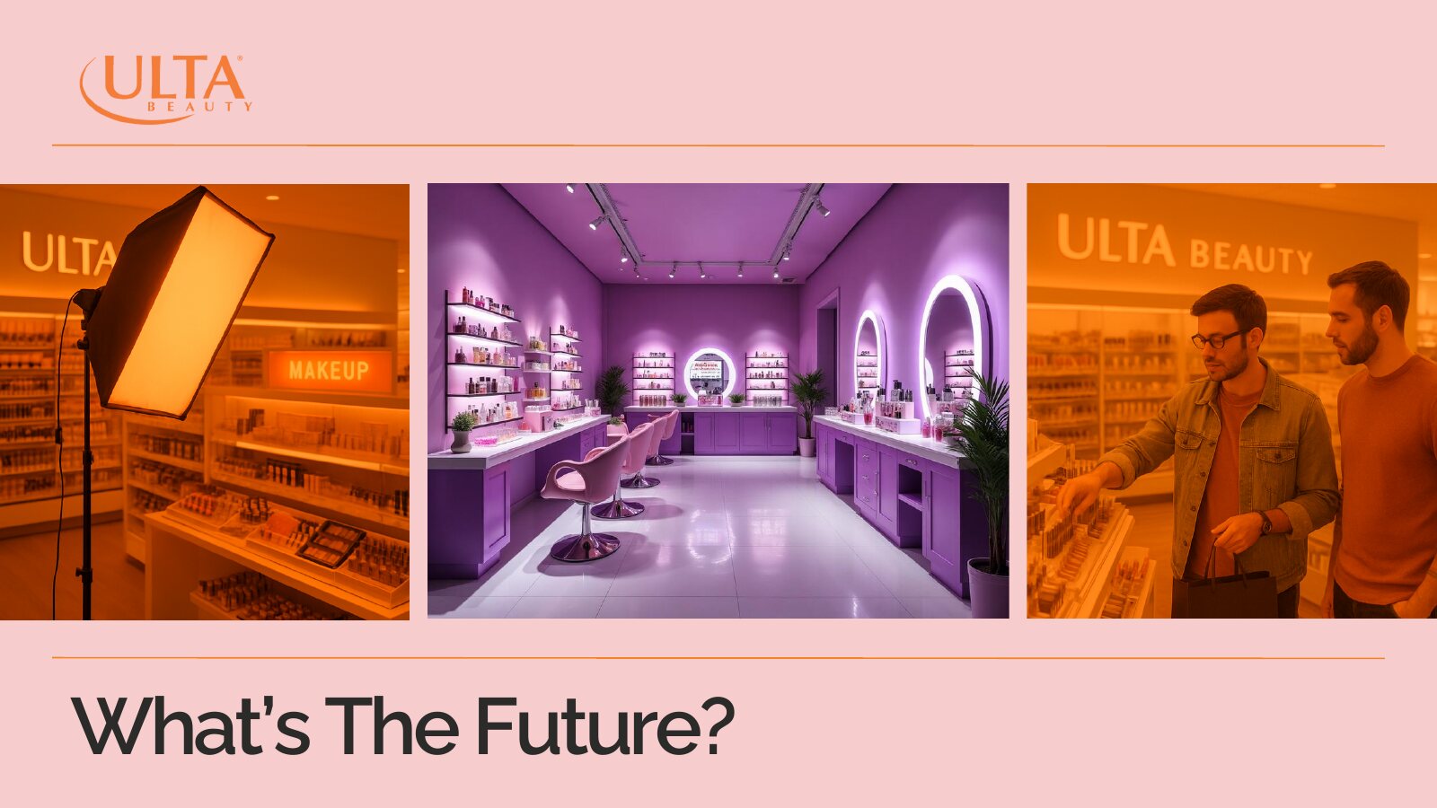 Presentation slide: What's the future, showing a lighting booth in an Ulta store, a purple consultation room with lit mirrors, and two shoppers browsing makeup.