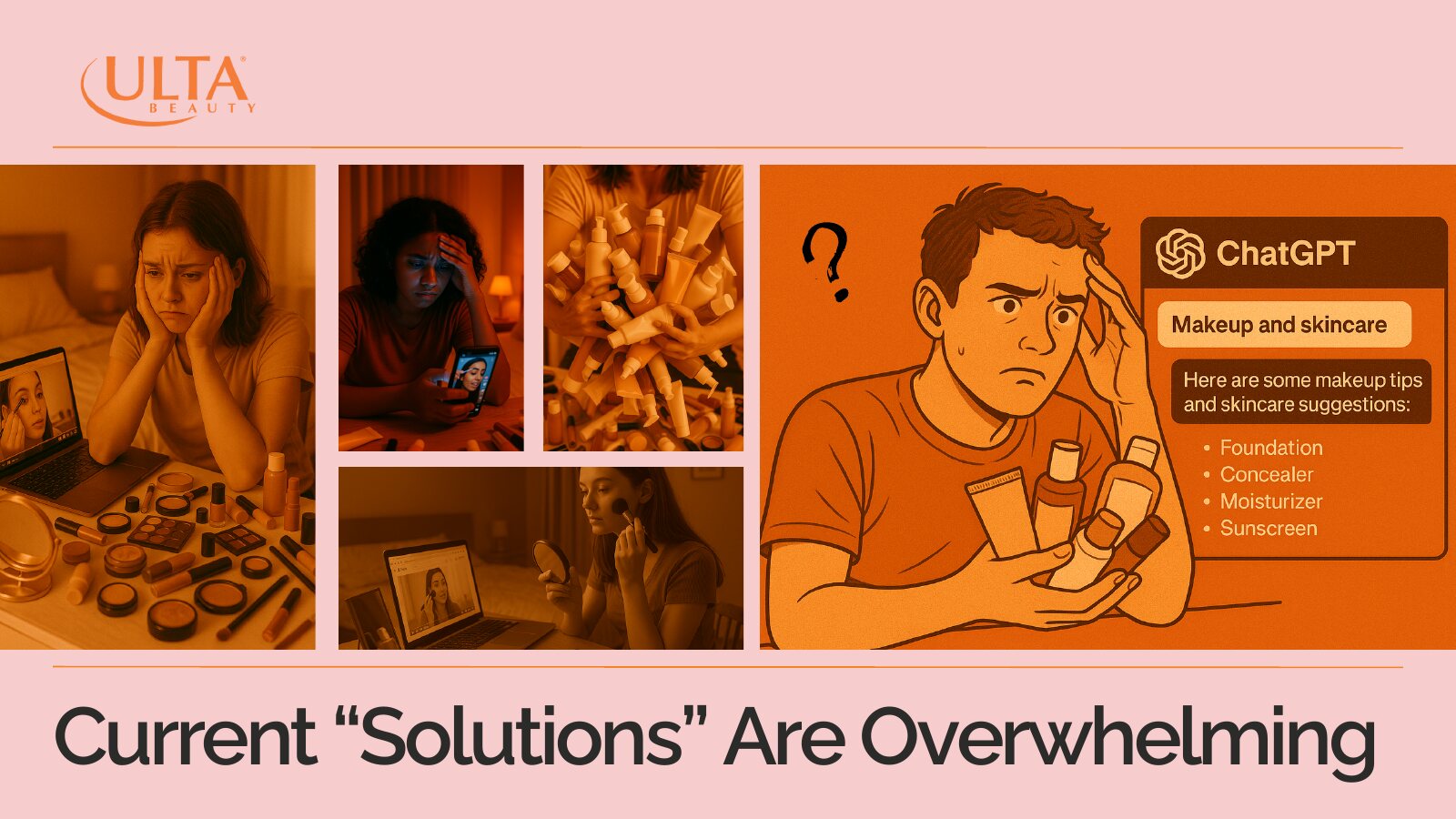 Presentation slide: Current solutions are overwhelming, with shoppers surrounded by products and tutorials, and a chatbot giving a generic list of products.