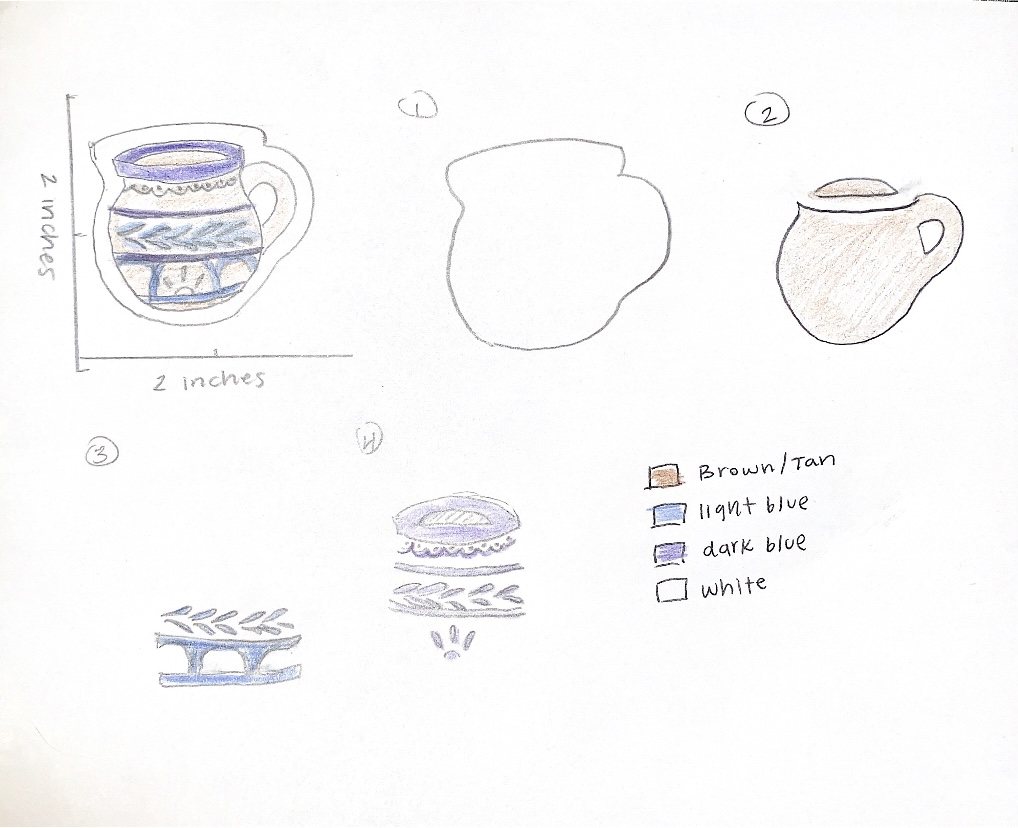 Colored pencil sketch of a blue and tan jarrito sticker at 2 by 2 inches, broken into four numbered layers with a color key: brown/tan, light blue, dark blue and white