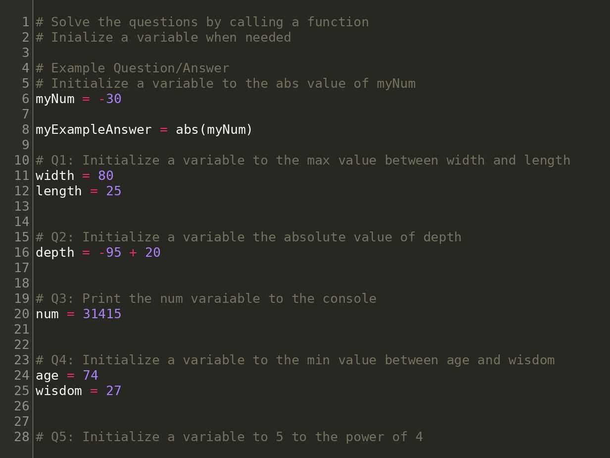The practice file 02_FunctionsAndVariables1.py, with an example and questions that call functions on variables.
