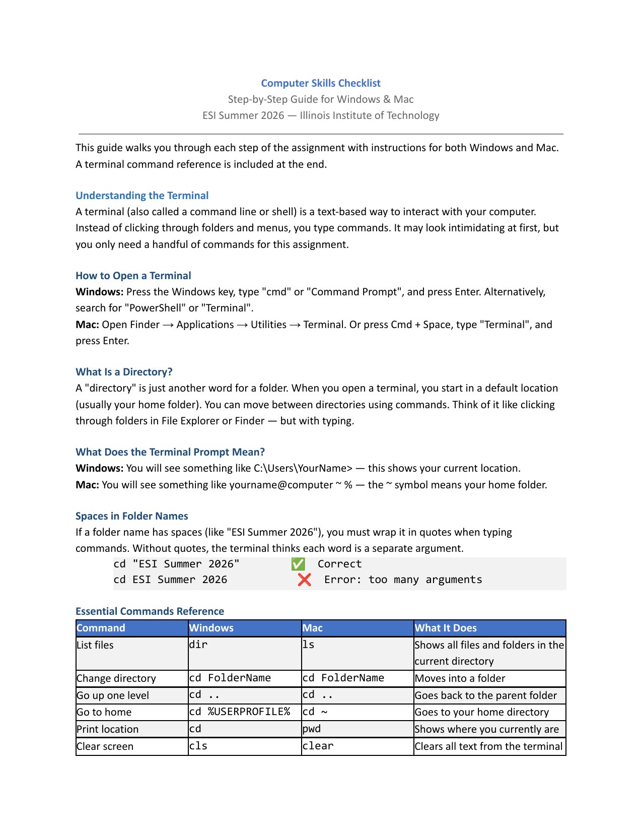 Page 1 of the Computer Skills Checklist assignment.