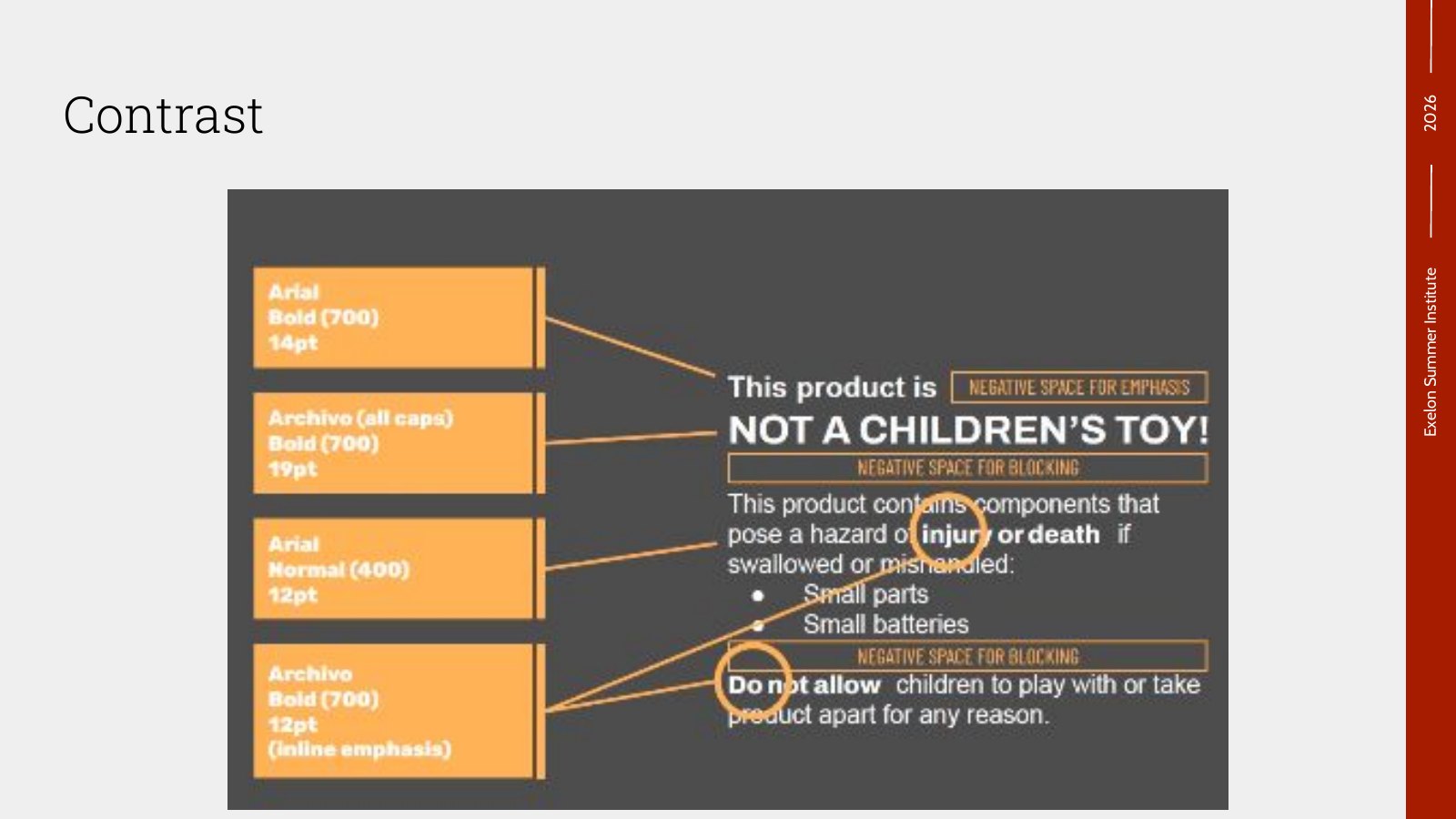 Slide: Contrast, the good warning label annotated to show how size, weight and spacing create hierarchy.