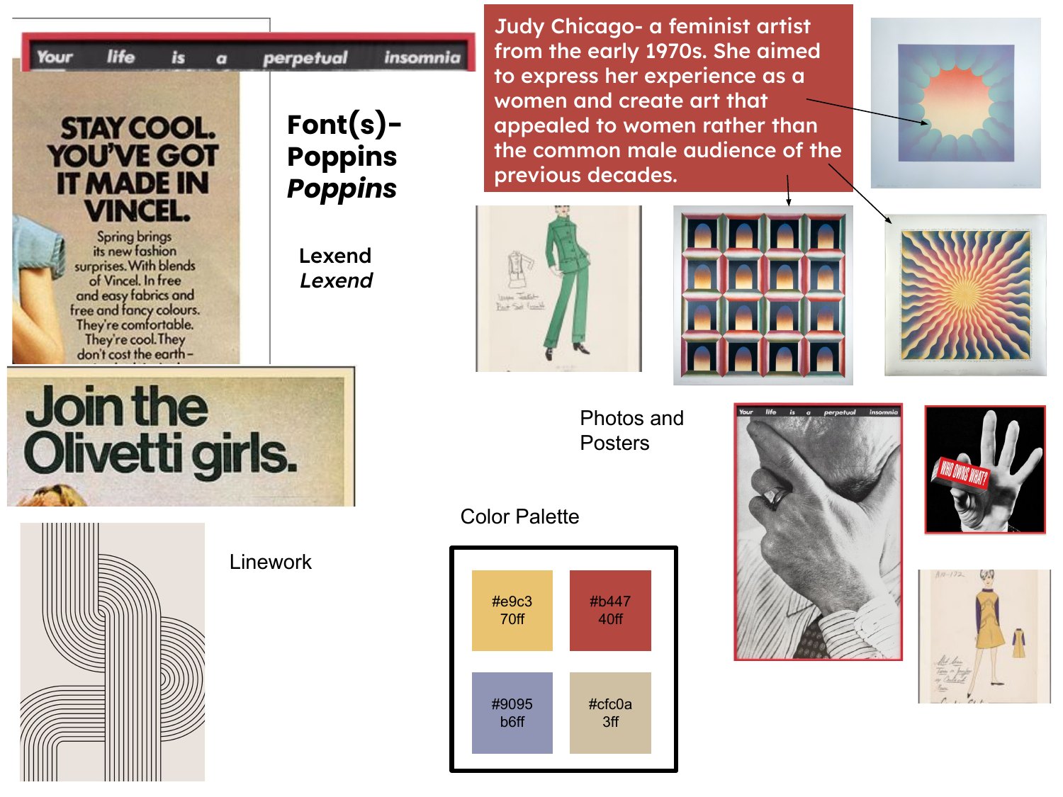 A student's 1970s board with a note on artist Judy Chicago, retro display fonts and a labeled color palette.