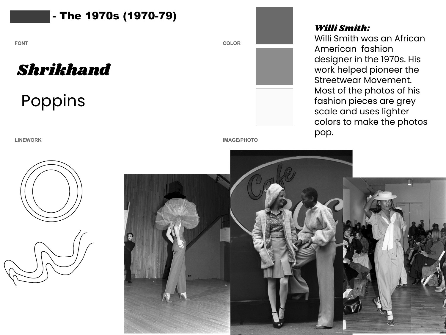 A student's 1970s board with fashion photographs and a note on designer Willi Smith. The student's name is blocked out.