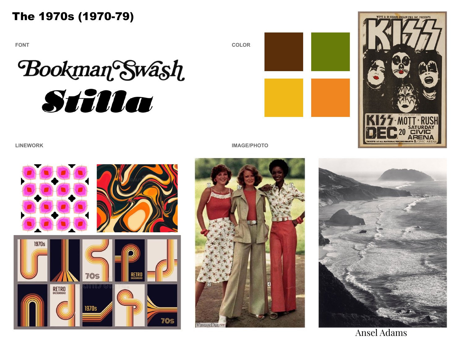 A student's 1970s board with patterned linework, swash fonts and an earthy palette.